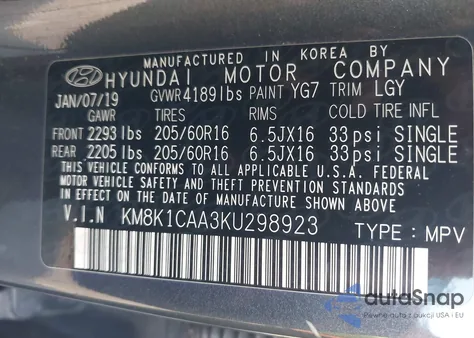 2019 Hyundai Kona Se из США, поврежденный, VIN KM8K1CAA3KU298923